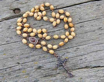 Olive Wood Beads Rosary Necklace Catholic Holy Mary Medal Bronze Cross