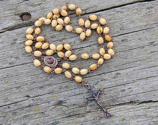 Olive Wood Beads Rosary Necklace Catholic Holy Mary Medal Bronze Cross