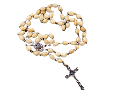 Olive Wood Beads Rosary Necklace Catholic Holy Mary Medal Bronze Cross