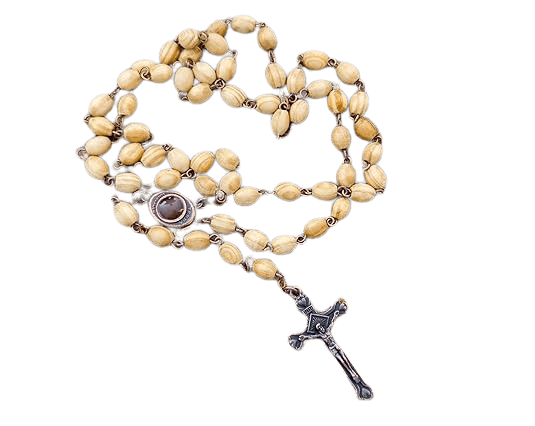 Olive Wood Beads Rosary Necklace Catholic Holy Mary Medal Bronze Cross