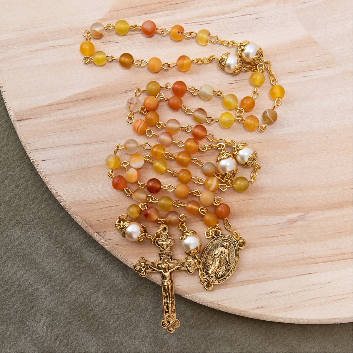Yellow Matte Stone Rosary Necklace with Pearl Beads Miraculous Medal & Cross - Nazareth Store