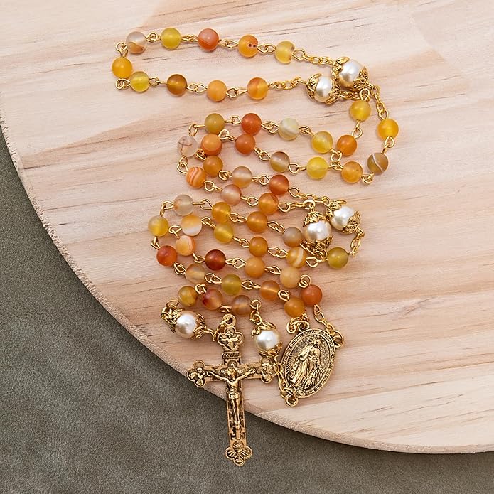 Yellow Matte Stone Rosary Necklace with Pearl Beads Miraculous Medal & Cross