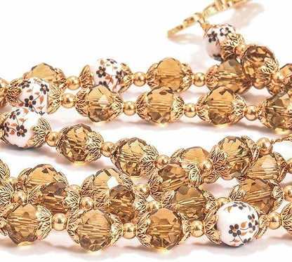 Crystal Beads Gold Flowers Beaded Rosary Necklace Miraculous Heart Locket Medal & Cross - Nazareth Store