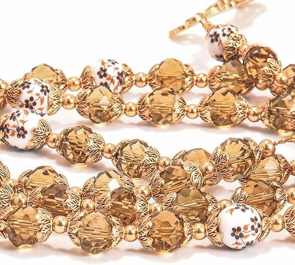 Crystal Beads Gold Flowers Beaded Rosary Necklace Miraculous Heart Locket Medal & Cross - Nazareth Store