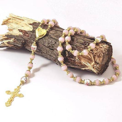 Crystal Beads Gold Flowers Beaded Rosary Necklace Miraculous Heart Locket Medal & Cross - Nazareth Store
