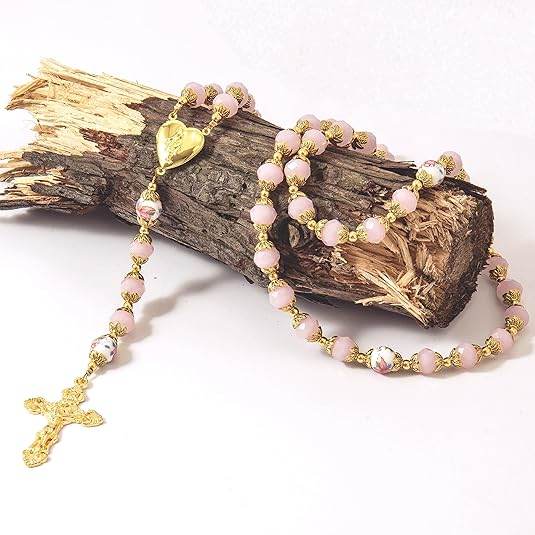 Crystal Beads Gold Flowers Beaded Rosary Necklace Miraculous Heart Locket Medal & Cross - Nazareth Store