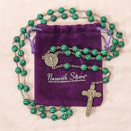 St. Benedict Malachite Antique Bronze Rosary Necklace Cross and Medal - Nazareth Store