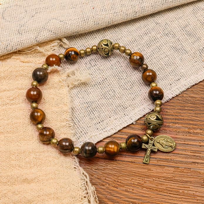 Brown Tiger Eye Rosary Bracelet Metal Separators with Miraculous Medal & Cross Wrist Jewelry (Copy)