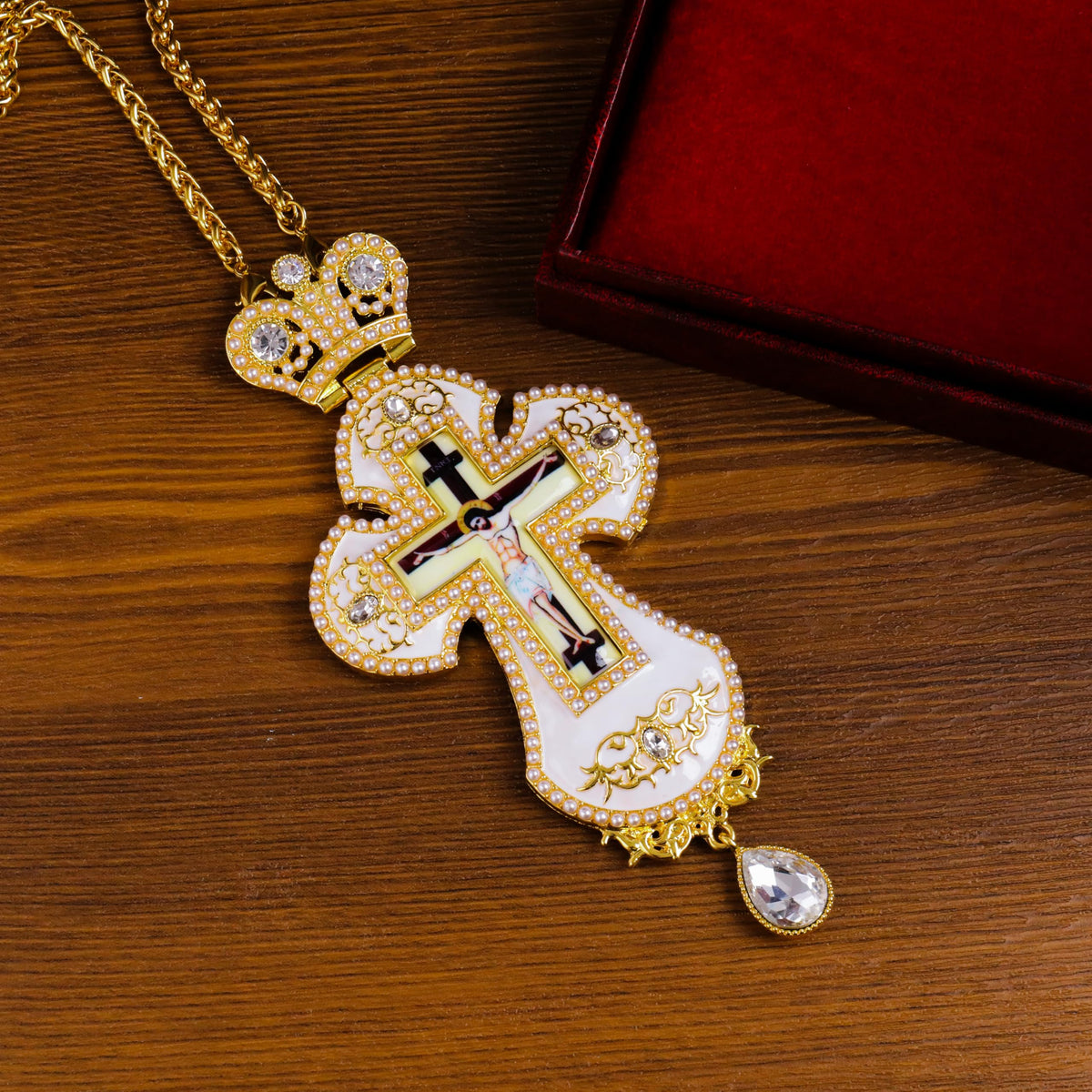 White Pearl Cross Pendant Gold Plated Crystal Crucifix Necklace