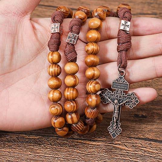 Strong Corded Wooden Beads Paracord Rugged Rosary Necklace with St.Michael Medal and Pardon Crucifix - Nazareth Store