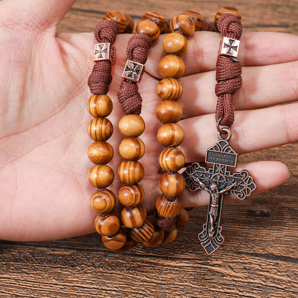 Strong Corded Wooden Beads Paracord Rugged Rosary Necklace with St.Michael Medal and Pardon Crucifix - Nazareth Store