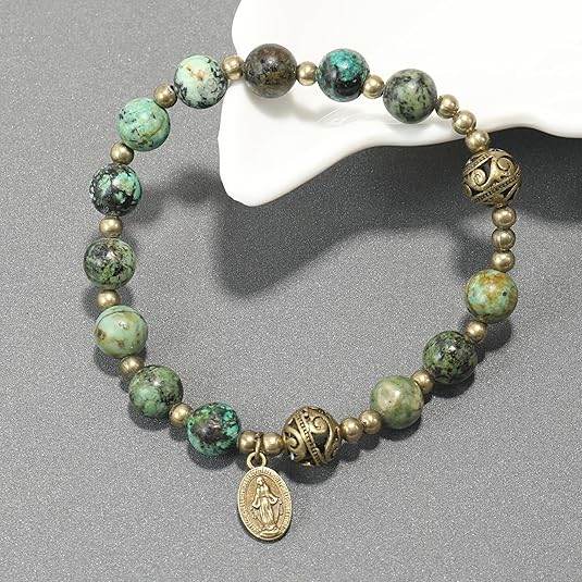 Africa Jasper Stone Beads Rosary Bracelet with Metal Separators and Catholic Miraculous Medal - Nazareth Store