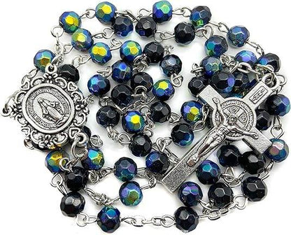 Blue Crystal Beads Saint Benedict Rosary Necklace with Miraculous Medal and Cross - Nazareth Store
