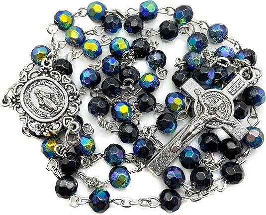 Blue Crystal Beads Saint Benedict Rosary Necklace with Miraculous Medal and Cross - Nazareth Store