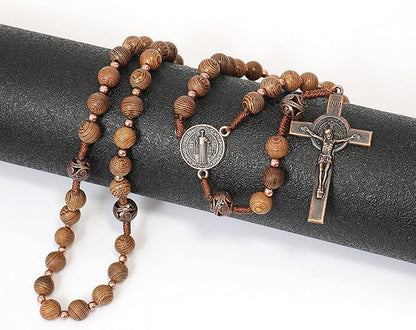 Sacred Wooden Rosary St Benedict Solid Wood & Metal Beads Catholic Chaplet 20" - Nazareth Store