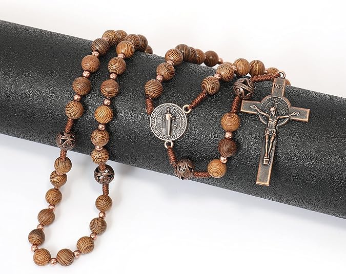 Sacred Wooden Rosary St Benedict Solid Wood & Metal Beads Catholic Chaplet 20" - Nazareth Store