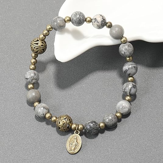 Map Stone Stone Beads Rosary Bracelet with Metal Separators and Catholic Miraculous Medal Nazareth Store