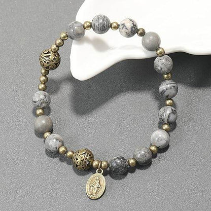 Map Stone Stone Beads Rosary Bracelet with Metal Separators and Catholic Miraculous Medal - Nazareth Store