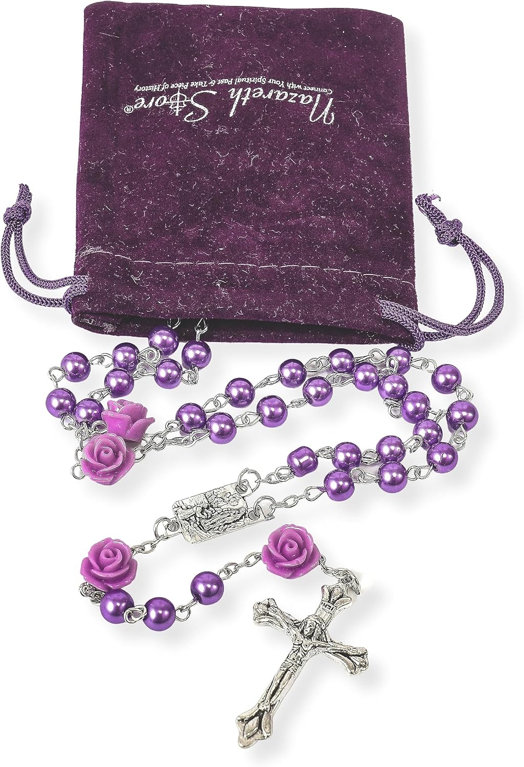 Purple Pearl Rosary Catholic Necklace Our Rose Lourdes Medal Nazareth Store