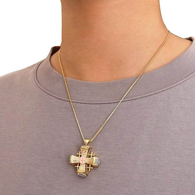 Pink Enamel Jerusalem Cross Pendant Necklace 18k Gold Plating Crystallized Stones - Nazareth Store