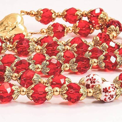 Crystal Beads Gold Flowers Beaded Rosary Necklace Miraculous Heart Locket Medal & Cross - Nazareth Store