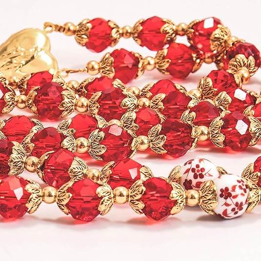 Crystal Beads Gold Flowers Beaded Rosary Necklace Miraculous Heart Locket Medal & Cross - Nazareth Store