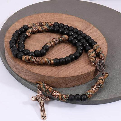 Black Matte Beads Rugged Paracord Rosary St. Benedict INRI Cross Strong Corded Necklace - Nazareth Store