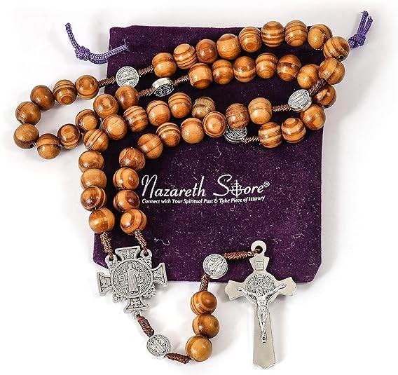 Wood Beads Rosary St. Benedict Solid Prayer Chaplet Silver Jesus Crucifix & Saint Medal - Nazareth Store