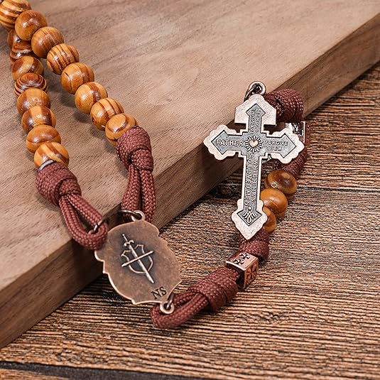 Strong Corded Wooden Beads Paracord Rugged Rosary Necklace with St.Michael Medal and Pardon Crucifix Nazareth Store