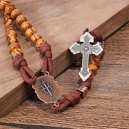 Strong Corded Wooden Beads Paracord Rugged Rosary Necklace with St.Michael Medal and Pardon Crucifix - Nazareth Store