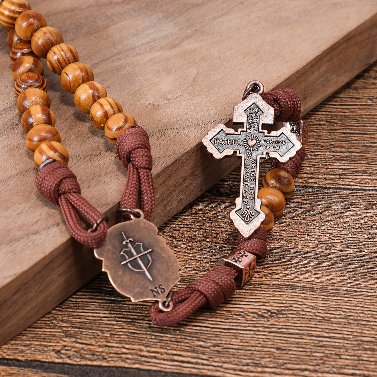 Strong Corded Wooden Beads Paracord Rugged Rosary Necklace with St.Michael Medal and Pardon Crucifix - Nazareth Store