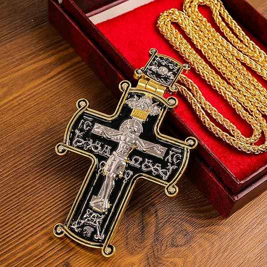 Black Enamel Orthodox Cross Pendant Gold Plated Necklace