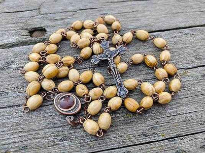 Olive Wood Beads Rosary Necklace Catholic Holy Mary Medal Bronze Cross