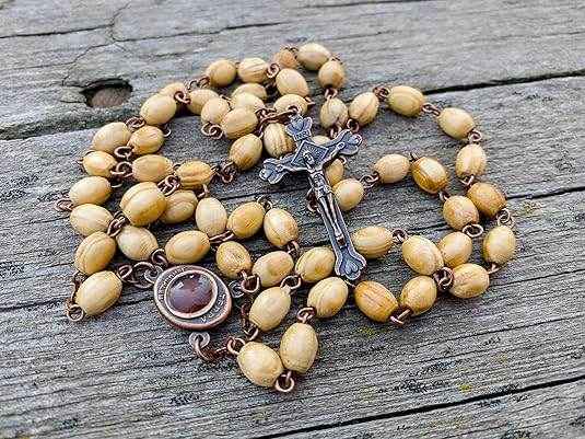 Olive Wood Beads Rosary Necklace Catholic Holy Mary Medal Bronze Cross