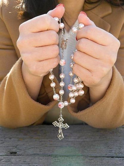 White Flowers Pink Pearl Rosary Beads Miraculous Medal & Cross Crucifix - Nazareth Store