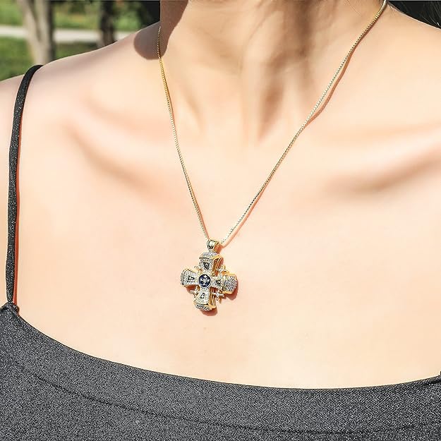 Blue Enamel Jerusalem Cross Pendant Necklace 18k Gold Plating Crystallized Stones Nazareth Store