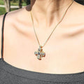 Blue Enamel Jerusalem Cross Pendant Necklace 18k Gold Plating Crystallized Stones Nazareth Store