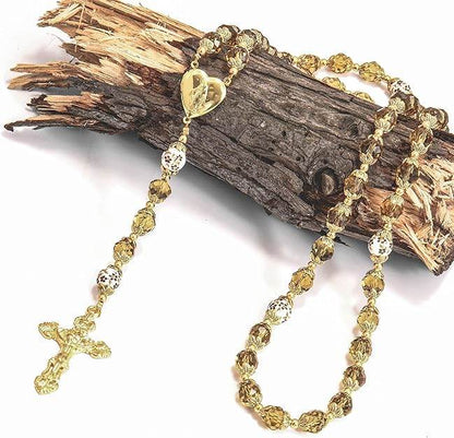 Crystal Beads Gold Flowers Beaded Rosary Necklace Miraculous Heart Locket Medal & Cross - Nazareth Store