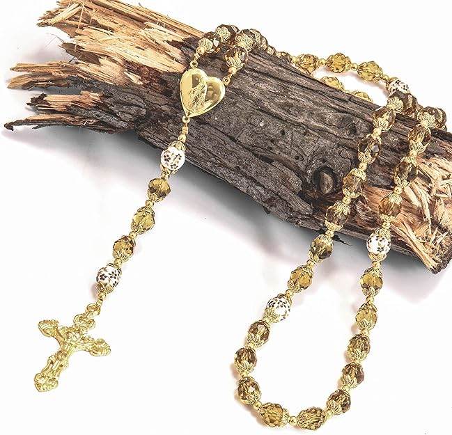 Crystal Beads Gold Flowers Beaded Rosary Necklace Miraculous Heart Locket Medal & Cross - Nazareth Store