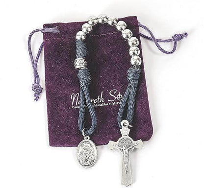 Silver Beads Blue Paracord Pocket Car Rosary St. Joseph Medal & St. Benedict Cross - Nazareth Store