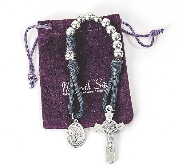 Silver Beads Blue Paracord Pocket Car Rosary St. Joseph Medal & St. Benedict Cross - Nazareth Store