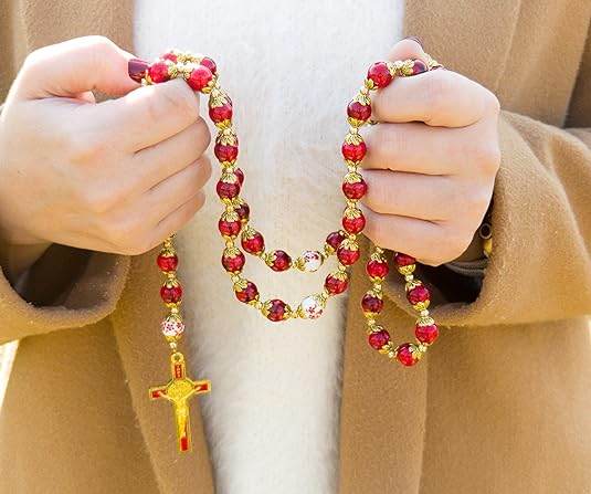 Red Rosary Beads Necklace with Saint Benedict Medal, Flower Mystery Bead, Miraculous Medal Locket - Nazareth Store