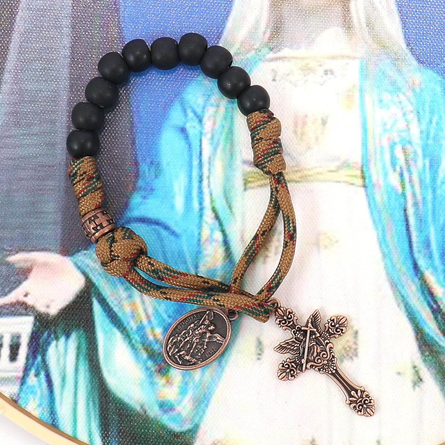 Black Beads Antique One Decade Paracord Rosary Pocket Car Rosary St Michael Medal & Archangel Cross - Nazareth Store