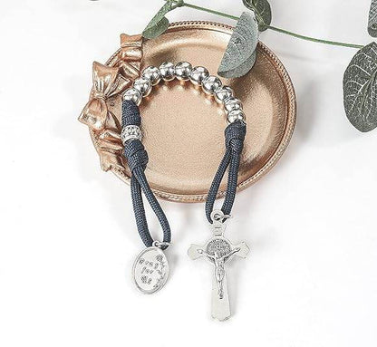 Silver Beads Blue Paracord Pocket Car Rosary St. Joseph Medal & St. Benedict Cross - Nazareth Store