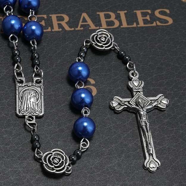 Blue Pearl Beads Rosary Metal Mystery Roses with Hematite Stone Rosary Necklace Nazareth Store