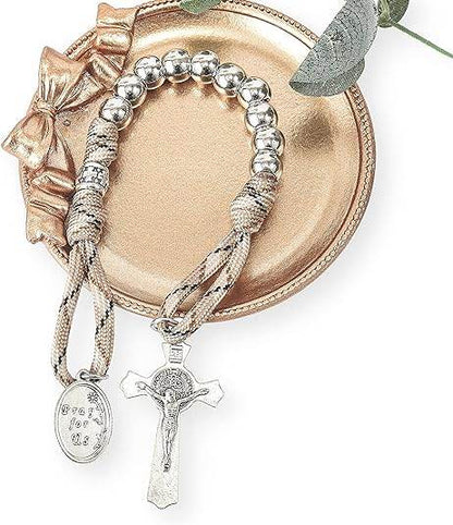 Silver Beads Brown Paracord Pocket Car Rosary St. Joseph Medal & St. Benedict Cross - Nazareth Store