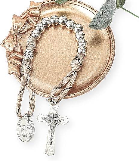 Silver Beads Brown Paracord Pocket Car Rosary St. Joseph Medal & St. Benedict Cross - Nazareth Store