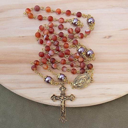 Matte Stone & Pearl Round Beads Rosary Gold Necklace Miraculous Medal & Cross - Nazareth Store