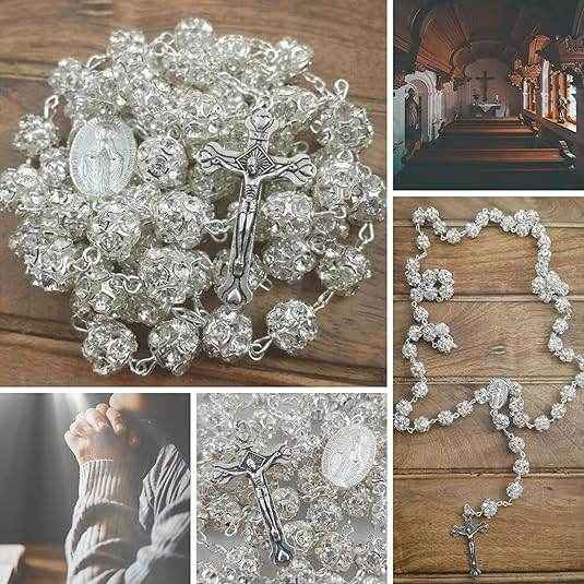 Clear Zircon Beads Rosary Catholic Necklace Miraculous Medal