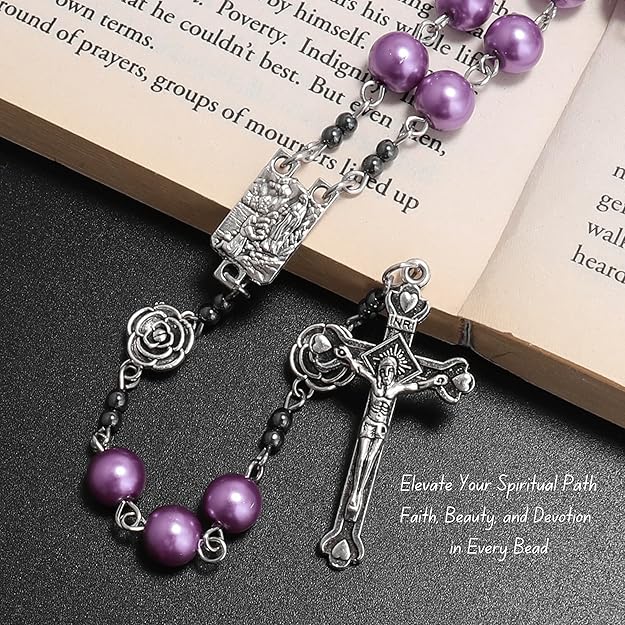 Purple Pearl Beads Rosary Metal Mystery Roses with Hematite Stone Rosary Necklace Nazareth Store
